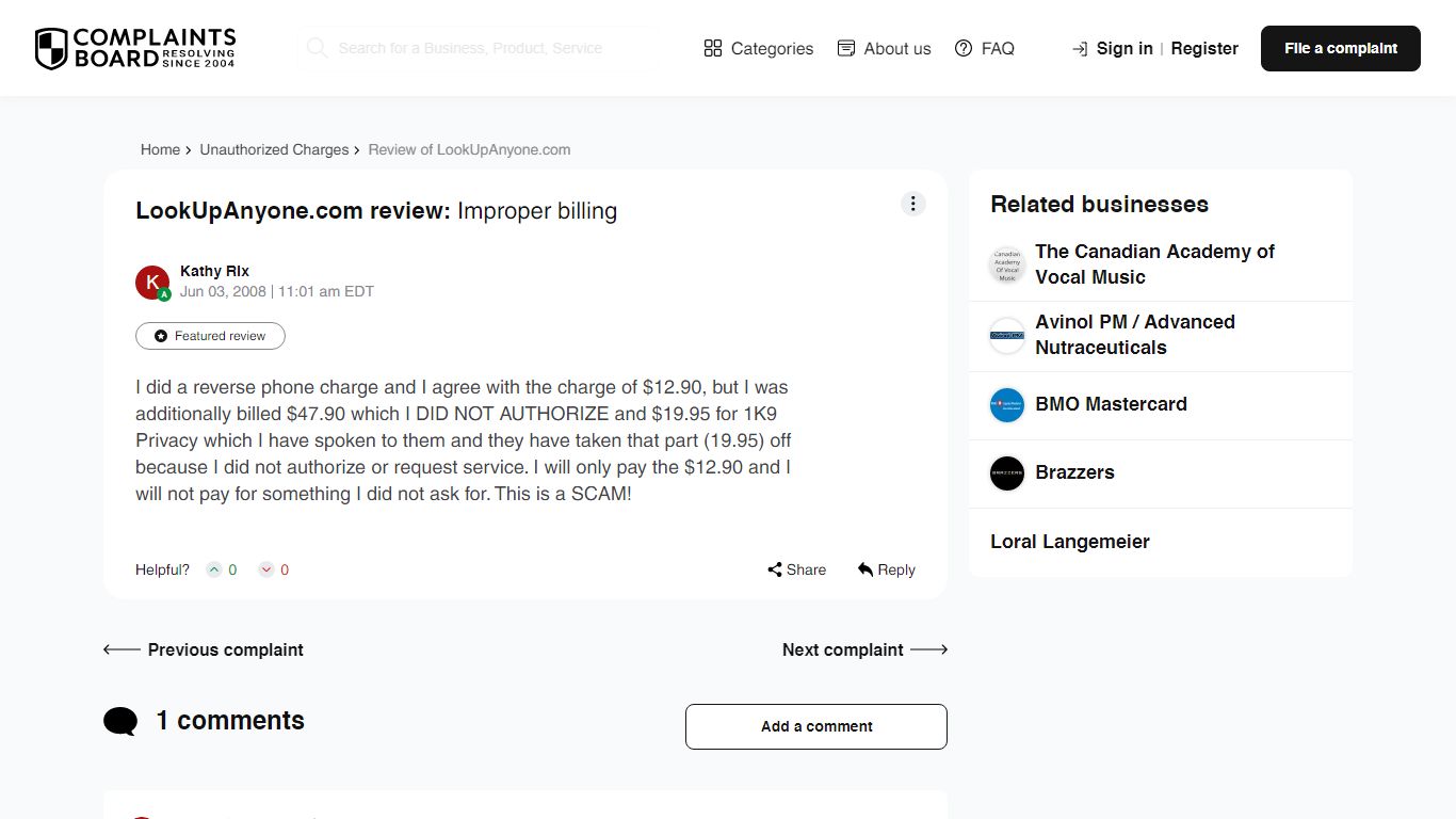 LookUpAnyone.com review: Improper billing - Complaints Board